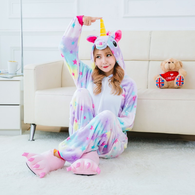 Bộ đồ ngủ hình thú kỳ lân sao bảy sắc 1947 liền thân lông mịn Pijama Động Vật Hoạt Hình cho trẻ em người lớn Cosplay