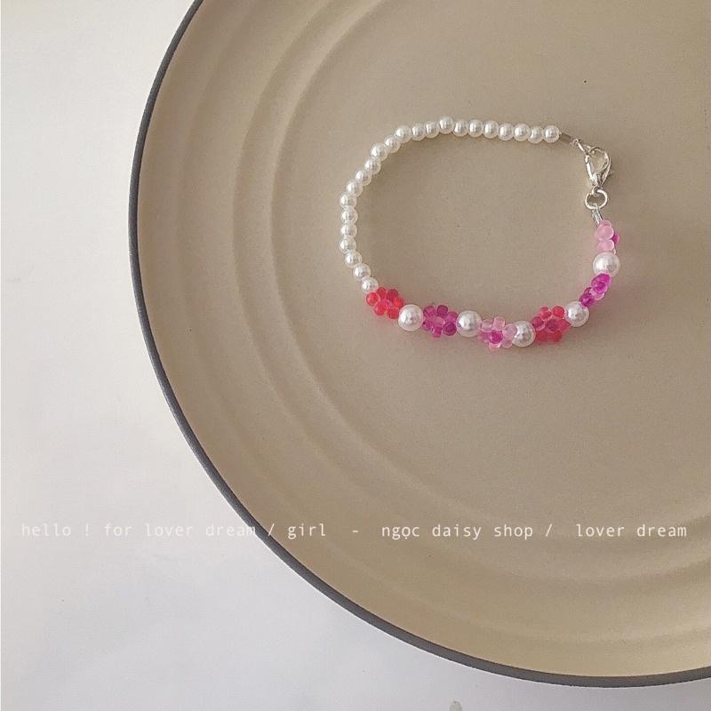 N29 vòng tay handmade hoa anh đào phong cách Hàn Quốc kết hợp Ngọc trắng xinh xắn