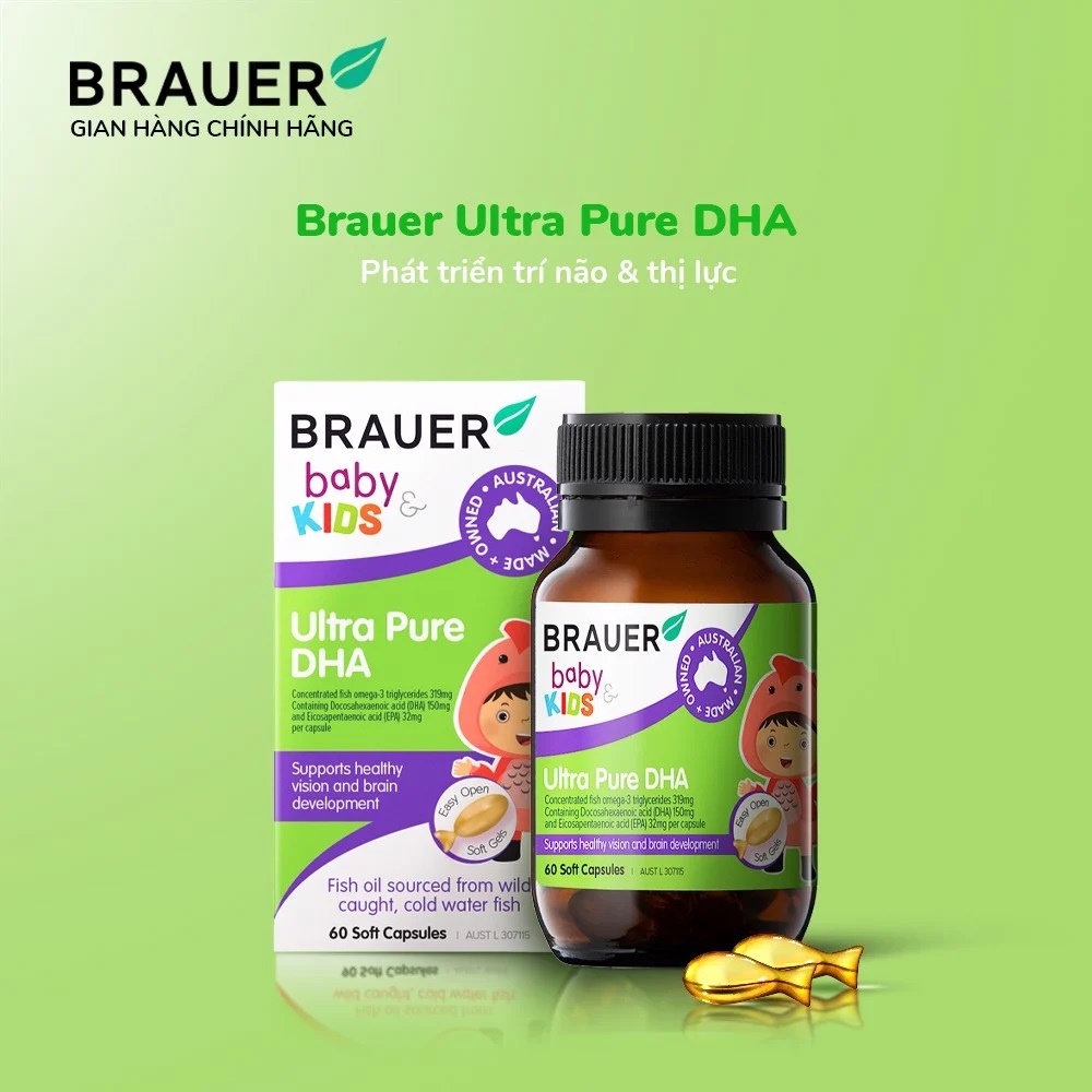 DHA dầu cá tuyết tinh khiết cho trẻ sơ sinh, trẻ nhỏ Brauer DHA Úc giúp phát triển trí não, tăng khả năng tập trung, cải thiện thị lực-OZ Slim Store