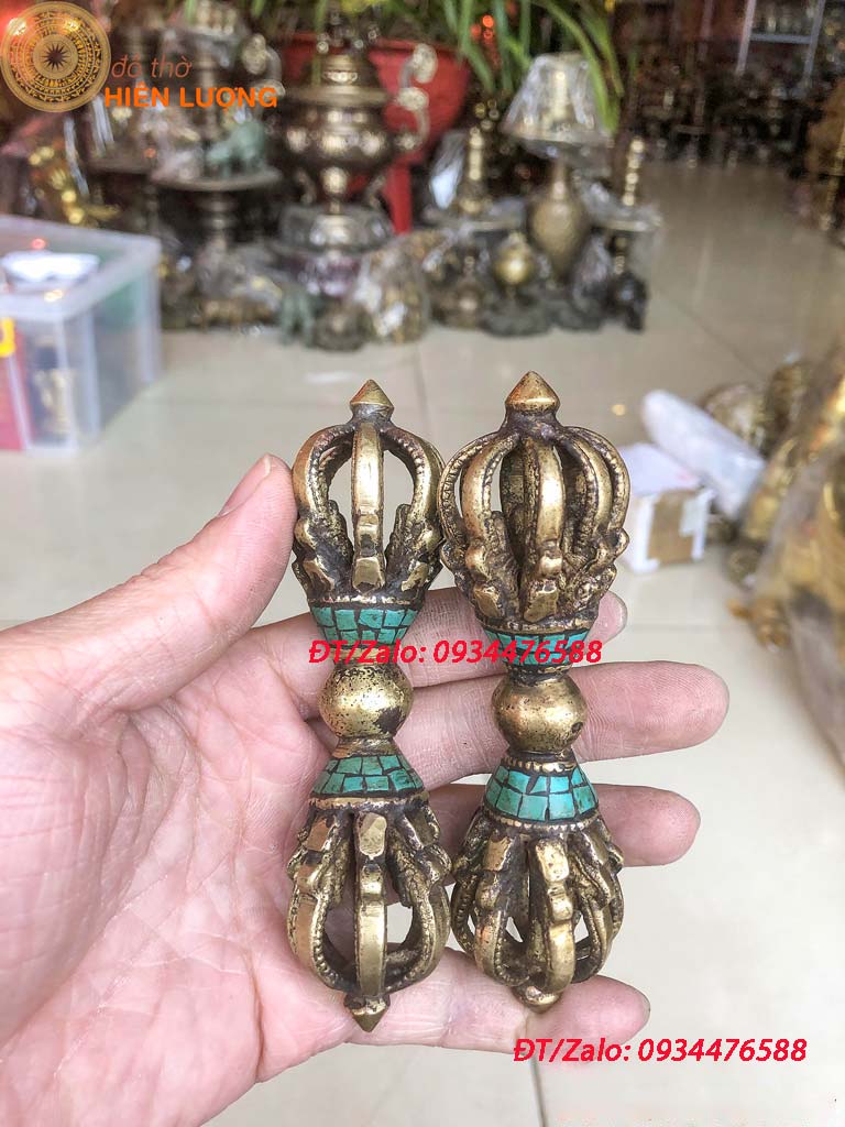 Chày Kim Cang 02 Màu Xanh Đỏ Bằng Đồng Kích Thước 12x3,5cm - Pháp Khí Mật Tông