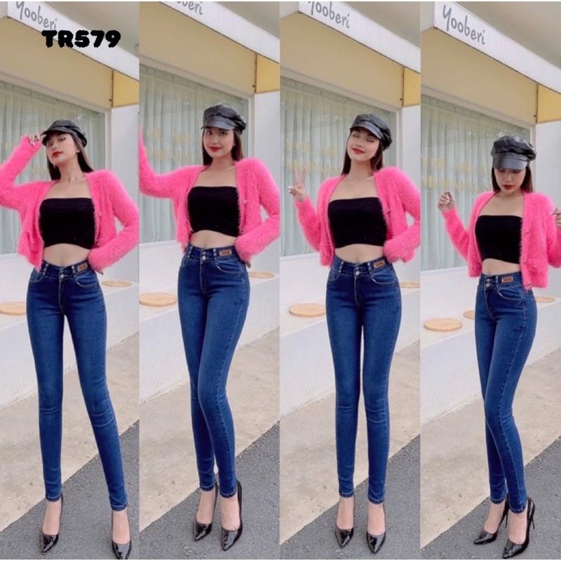 Quần Jeans Nữ Lưng Cao Phối Da Thời trang