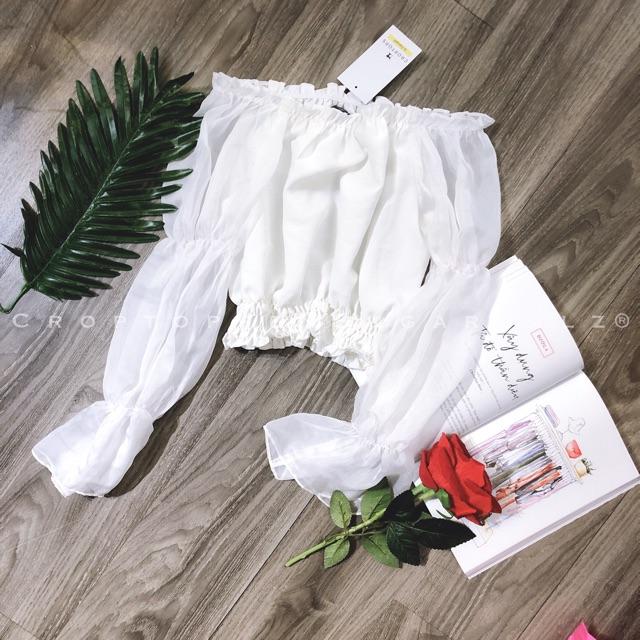 Croptop hở bẹt trễ vai tay voan nhún bèo