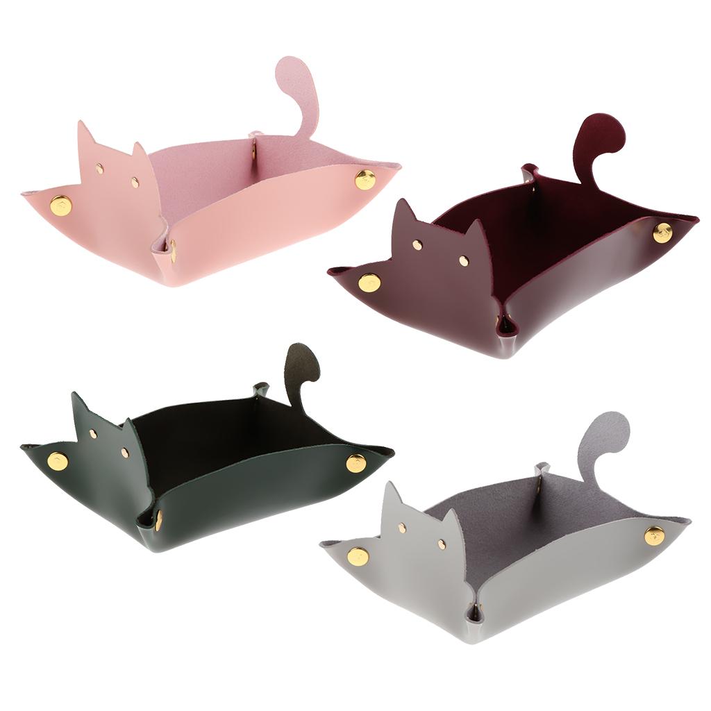 Cartoon Cat Key Storage Tray Change Organizer PU Leather Catchall  Red