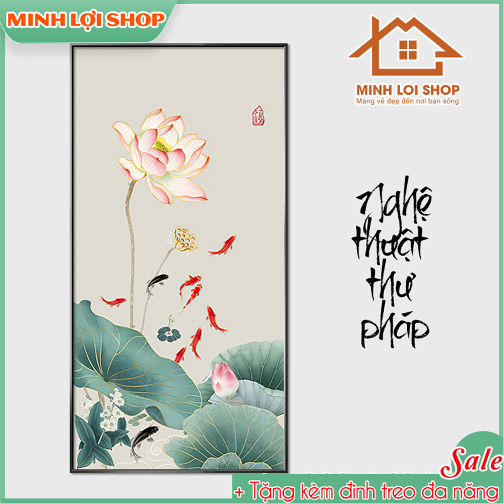 Tranh canvas hoa sen CỬU NGƯ QUẦN HỘI hiện đại cực sang TẶNG KÈM ĐINH TREO