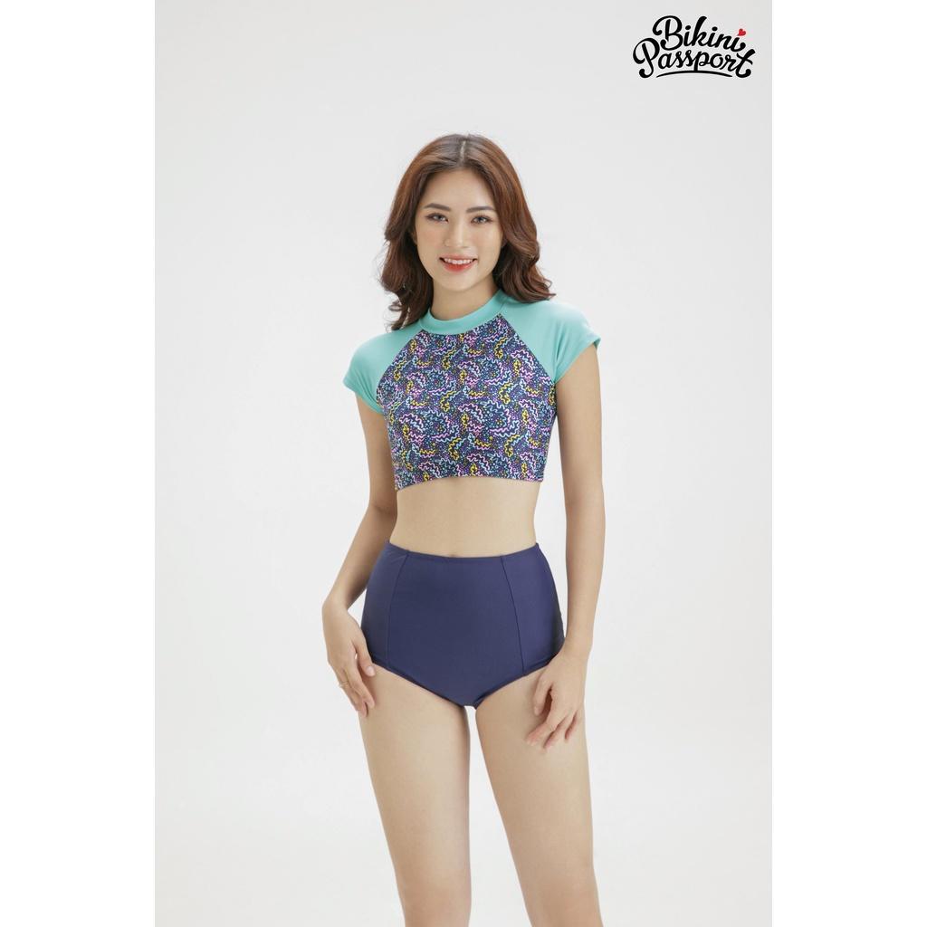 Áo bơi NỮ lẻ BIKINI PASSPORT kiểu Croptop tay ngắn có khoá - màu Xanh da trời - BS240_BU