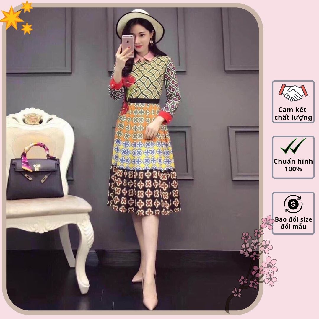 Đầm xòe sơ mi lụa tay dài họa tiết vintage - VN212201