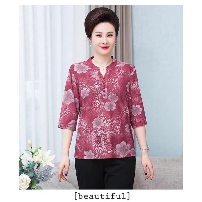 Áo trung niên nữ cho bà và mẹ cổ trụ in hoa chất liệu mát mềm mịn