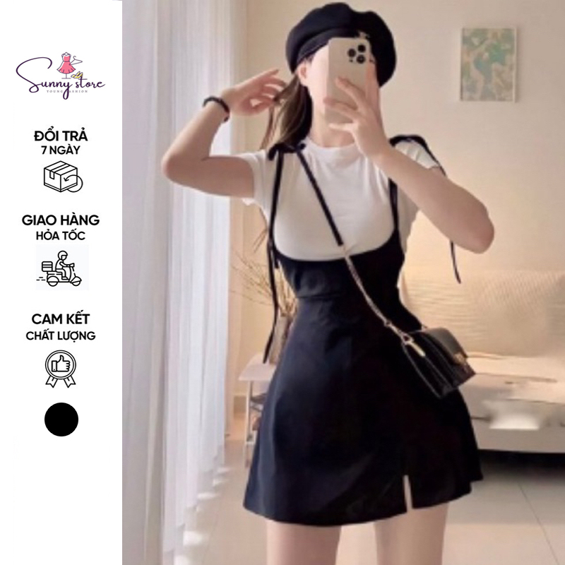 Set áo thun body kèm váy yếm ngắn có quần trong