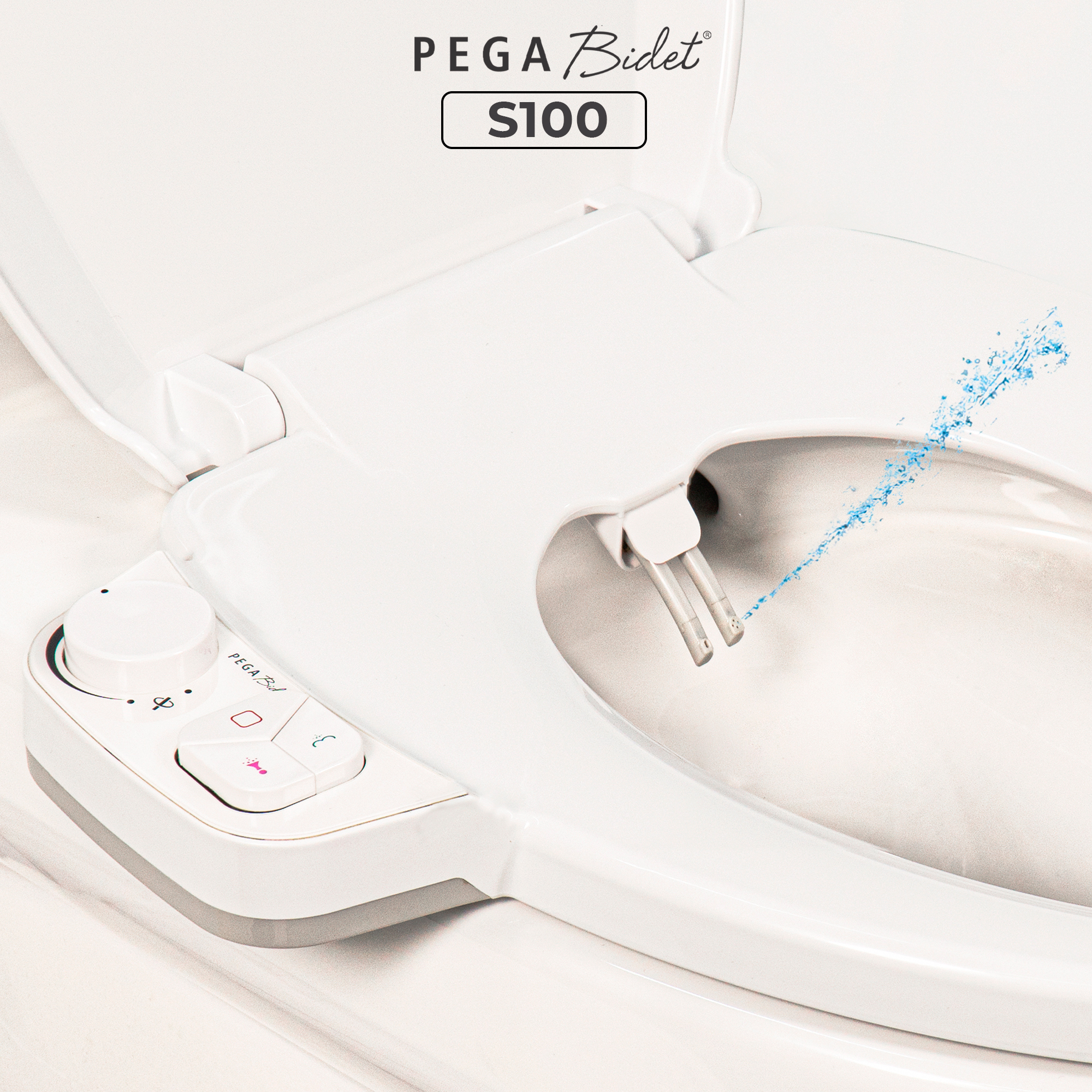 Nắp bồn cầu thông minh PEGA Bidet S100, 2 vòi rửa cho nam và vệ sinh cho phụ nữ, không dùng điện, hoạt động bằng áp lực nước - Thương Hiệu Mỹ