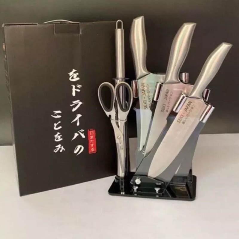 Bộ dao kéo Nhật SEKI 06 món kèm khay đựng bộ dao nhà bếp có đế cắm làm từ thép không gỉ siêu bền