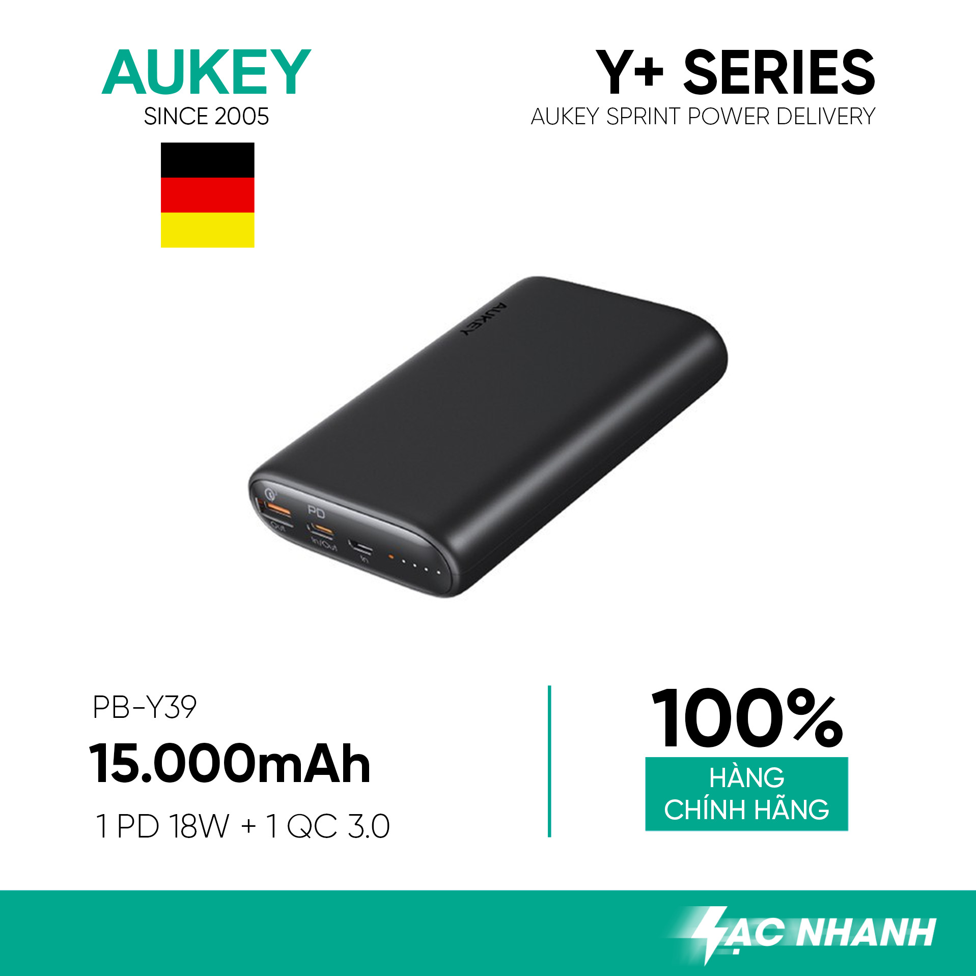 Pin Sạc Aukey PB-Y39 15.000 mAh Lõi Pin Tesla, Sạc Nhanh Power Delivery 18W và Quick Charge 3.0 18W - Hàng Chính Hãng