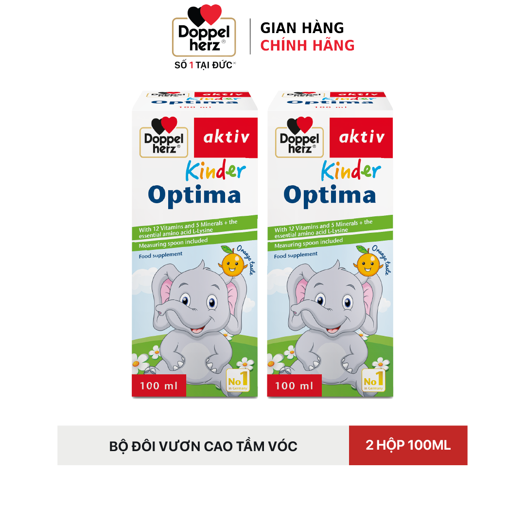 Bộ đôi Vươn cao tầm vóc 02 Siro ăn ngon, cải thiện tầm vóc cho bé Doppelherz Aktiv Kinder Optima