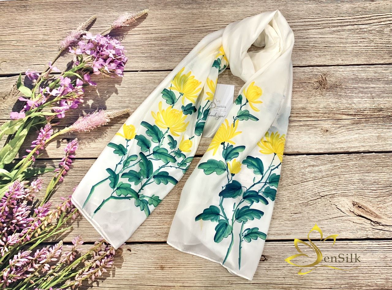 Khăn Lụa Tơ Tằm Vẽ Hoa Cúc Vàng SenSilk - Art of Silk Quà Tặng Mẹ - Hand Painted Silk Scarf - High Quality Pure Silk