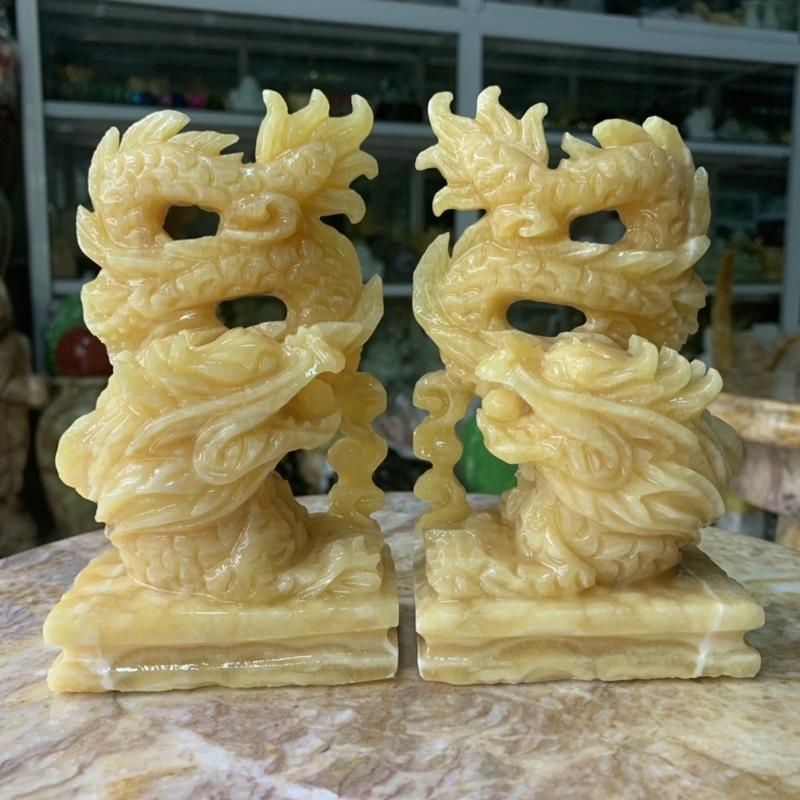 Cặp Rồng Phun Châu Ngậm Ngọc Đá Ngọc Thiên Nhiên - cao 15cm