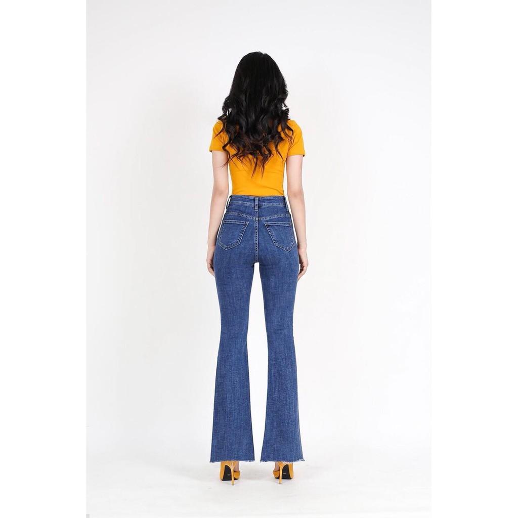 Quần Jeans Nữ ỐNg Loe Dài 2 Nút Không Gấu Co Giãn