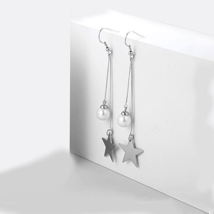 Bông tai thiết kế nữ xích mảnh dáng dài mix hạt châu và ngôi sao hi vọng