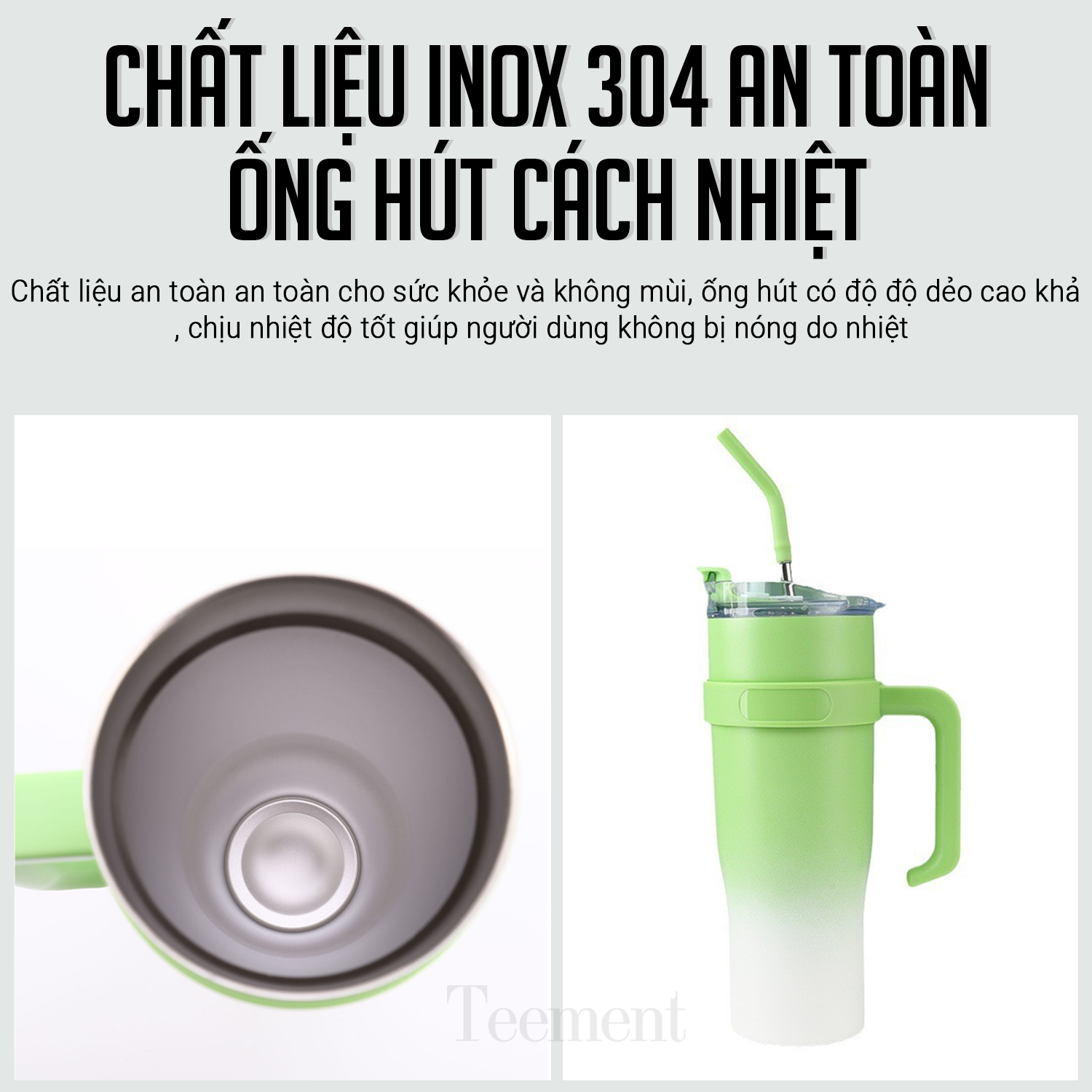 Ly Giữ Nhiệt Inox 304 Cao Cấp Teement - Tặng Kèm Ống Hút Không Gỉ, Ticker 3D, Bình Giữ Nhiệt Có Tay Cầm - Hàng Chính Hãng