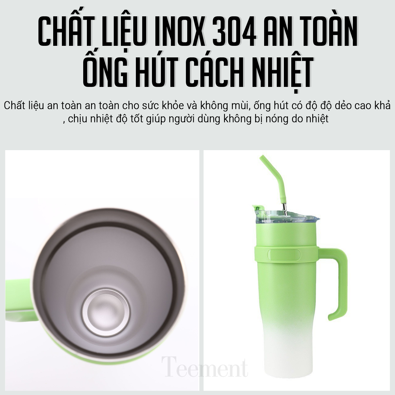 Ly Giữ Nhiệt Inox 304 Cao Cấp Teement - Tặng Kèm Ống Hút Không Gỉ, Ticker 3D, Bình Giữ Nhiệt Có Tay Cầm (1200ml) - Hàng Chính Hãng