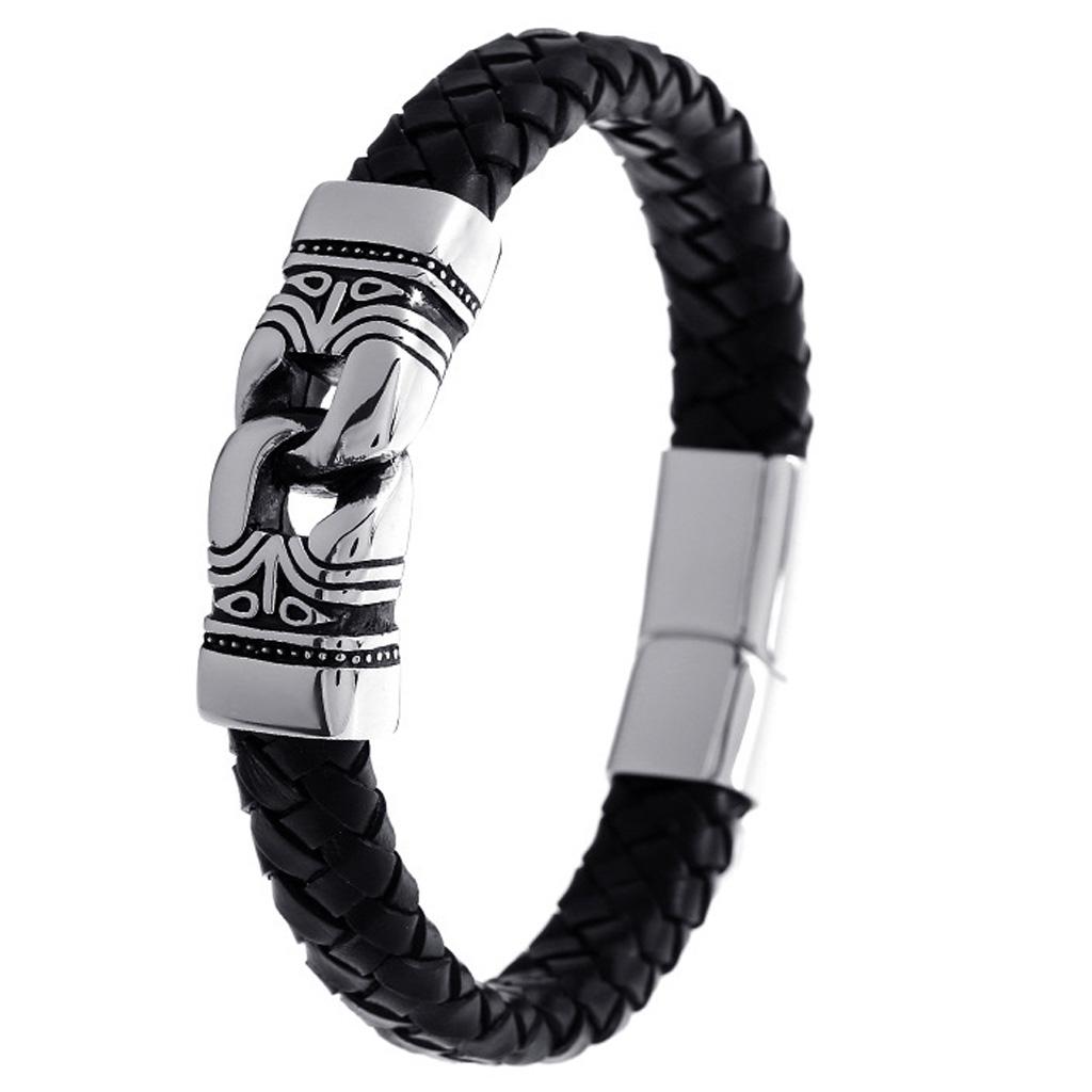 Stainless Steel Braided Leather Bracelet for Men Bangle Wrap Clasp
