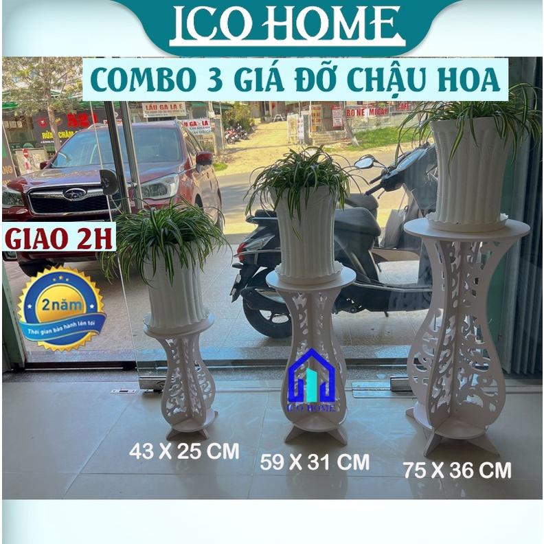 Combo 3 giá đỡ chậu hoa bằng gỗ màu trắng sang trọng kiểu dáng Hàn Quốc - ICO HOME