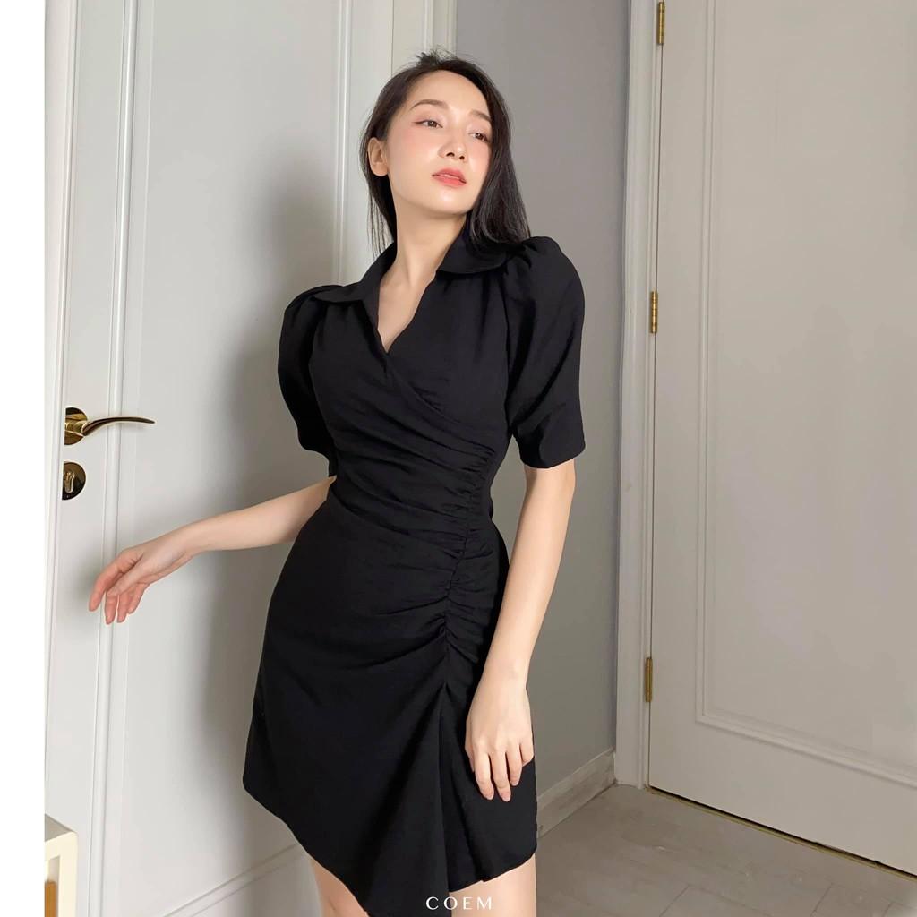 Đầm Sơ Mi Dáng Ngắn Màu Đen Nhún Eo Lệch Tay Phồng Chất Liệu Linen Premium CO EM Thiết Kế Phù Hợp Công Sở Đi Dạo Đi Tiệc
