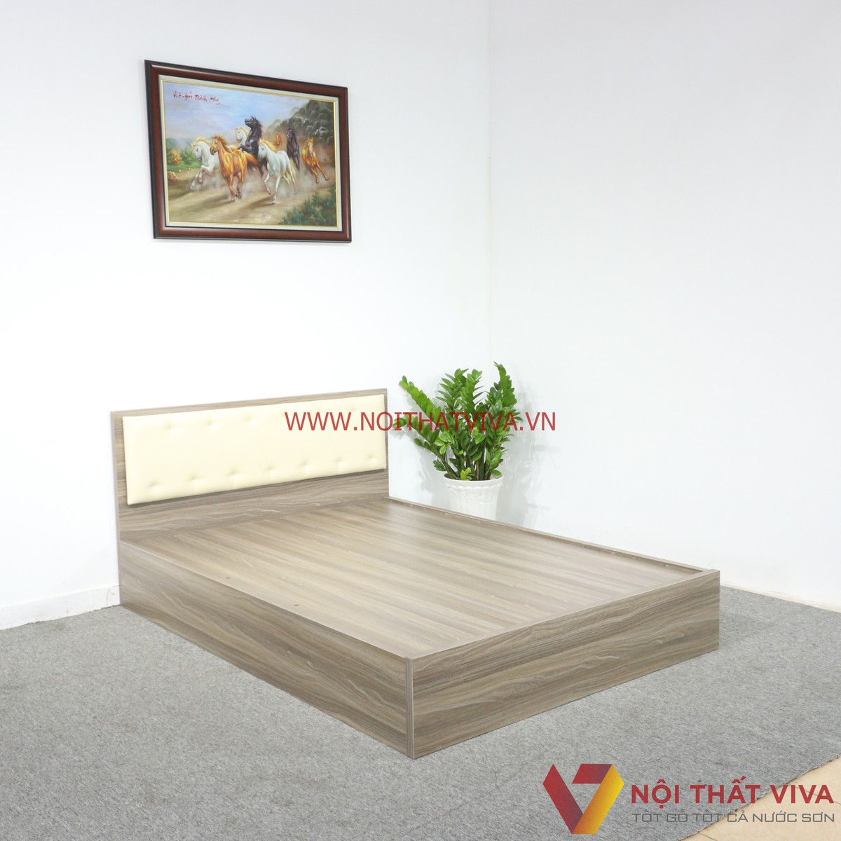 Giường Ngủ Gỗ MDF Melamine Màu Xám Vân Gỗ Có Đầu Nệm Kem Đẹp Giá Rẻ