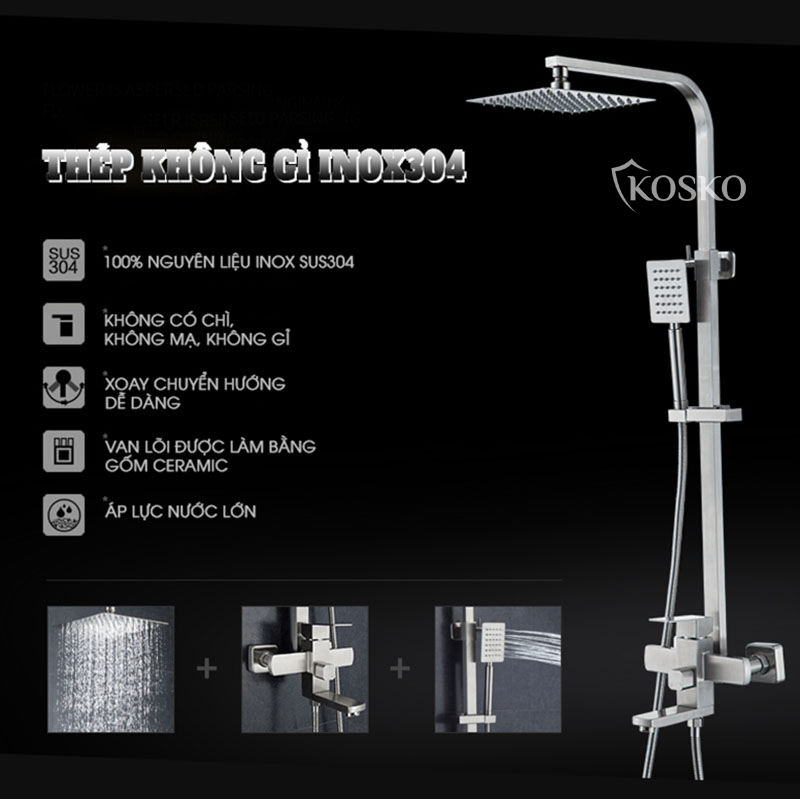 Sen cây tắm đứng nóng lạnh inox 304 KOSKO , sen tắm nóng lạnh vuông