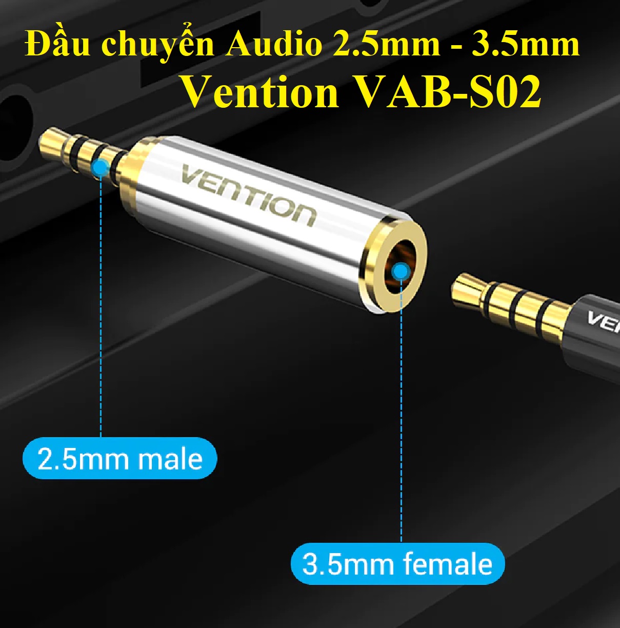 [ 2.5mm ra 3.5mm ] Đầu chuyển Audio 2.5 male ra 3.5 female Vention VAB-S02 _ Hàng chính hãng