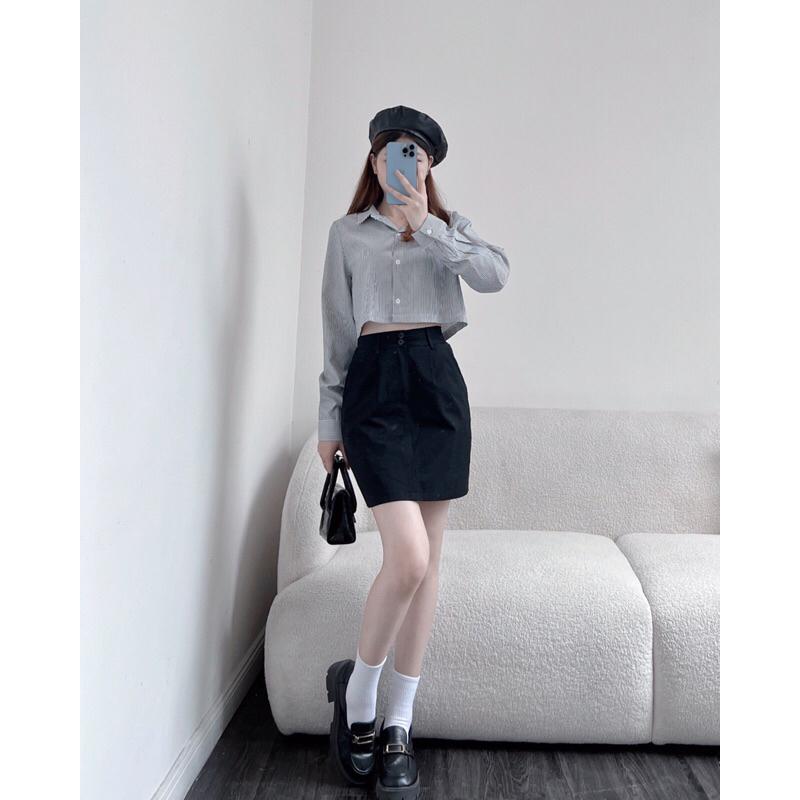 Áo sơ mi nữ GERME avnd042303 dài tay croptop kẻ sọc dọc dáng ngắn thiết kế