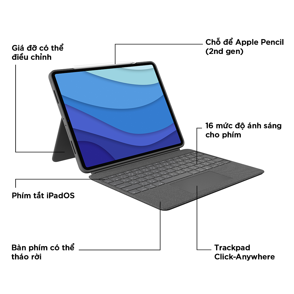 Bao da kèm bàn phím Logitech Combo Touch dành cho iPad Pro 12.9 inch (gen 5) - Bàn phím Backlit có thể tháo rời, Trackpad siêu nhạy - Hàng chính hãng