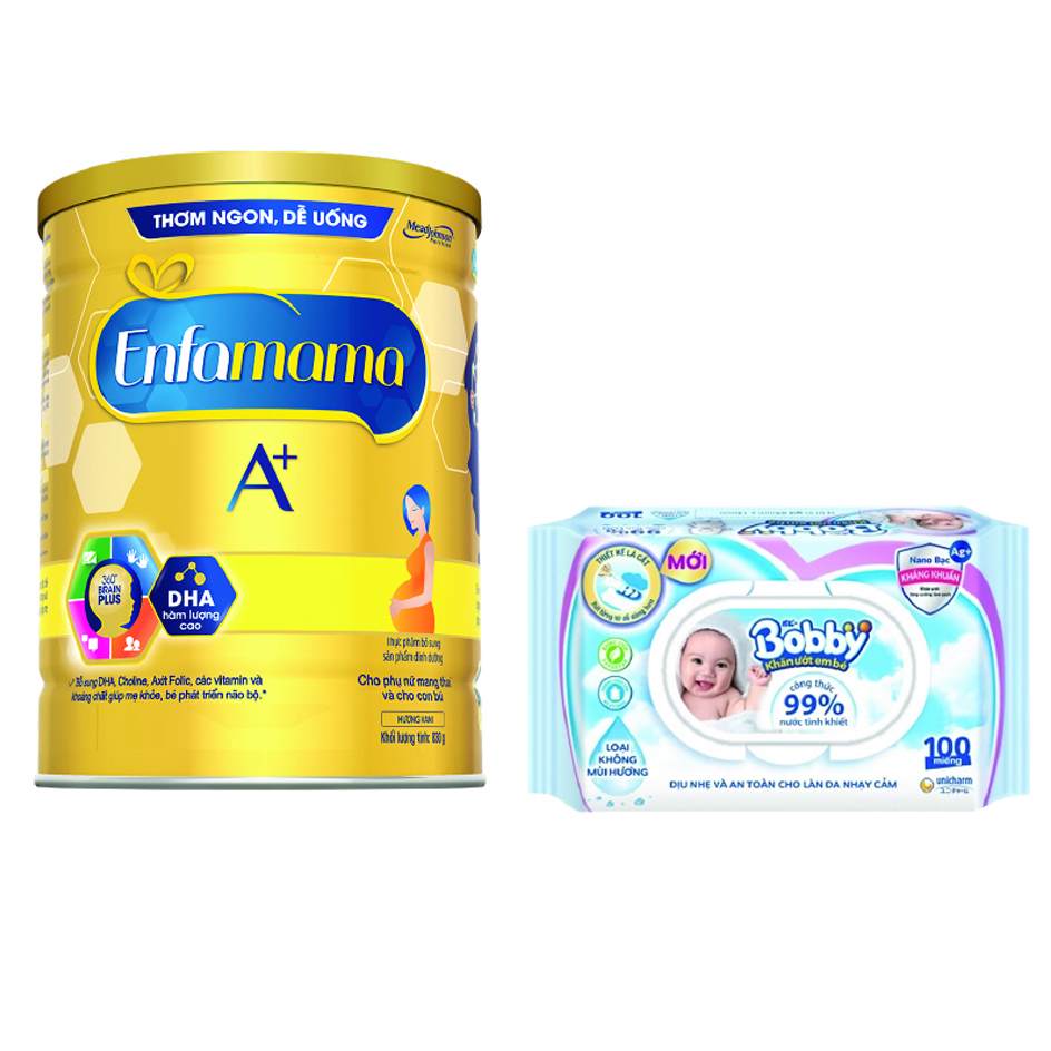 Bộ 1 Lon Sữa Bầu Enfamama 360° Brain Plus Cho Mẹ - Vị Vani - 830g - Tặng 1 khăn ướt Bobby không mùi 100 tờ