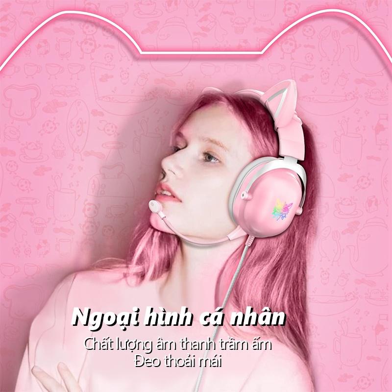 ONIKUMA X11 tai nghe chơi game chụp tai màu hồng với tai mèo có thể tháo rời dành cho PS5, PS4, Xbox