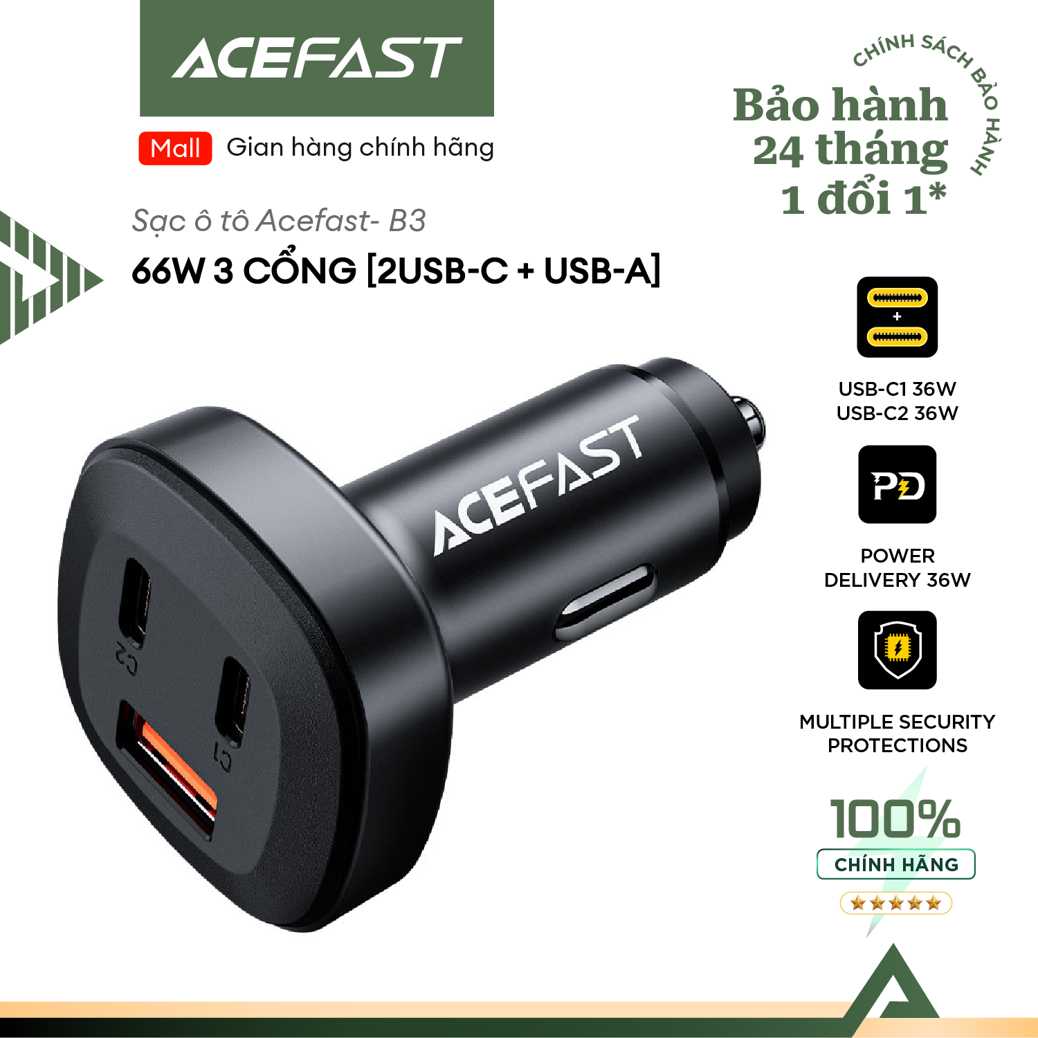 Sạc ô tô Acefast 66W 3 cổng 2xUSB-C + 1xUSB-A - B3 Hàng chính hãng Acefast