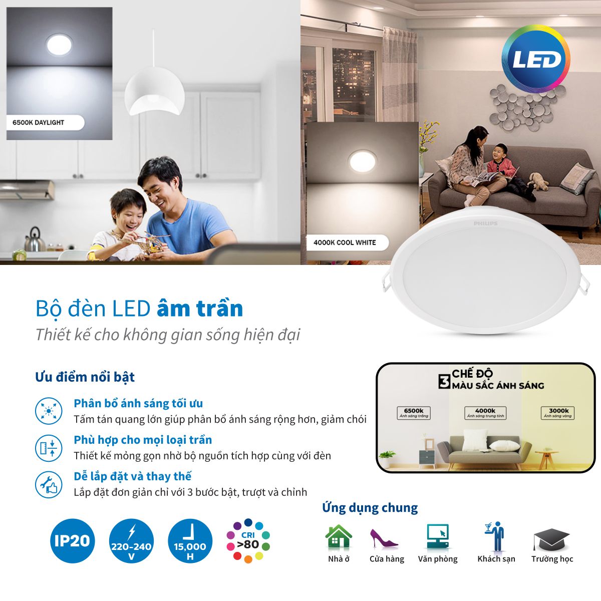 Bộ đèn LED Downlight Meson SSW 3 Màu Ánh Sáng PHILIPS 220V-240V - Thay đổi ánh sáng linh hoạt với một thao tác - Hàng Chính Hãng