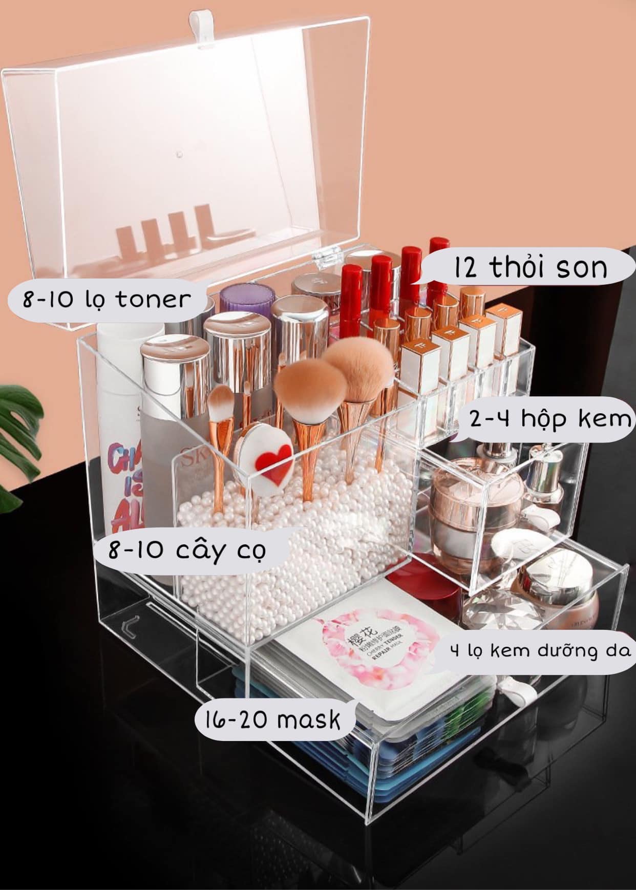 Tủ siêu to để đồ trang điểm, mỹ phẩm, dưỡng da, skincare có ngăn chia ô son tiện lợi, có tặng kèm ngọc