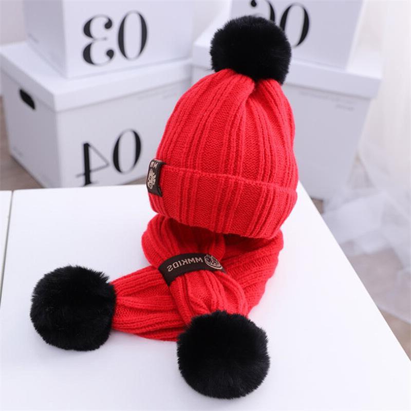 Trẻ Em Mũ Lông Thú Khăn Bé Gái Bé Trai Dày Cáp Đan Beanies Mũ 2 Bộ 2020 1-4T trẻ Em Giữ Ấm Mùa Đông Pom Pom Bộ Đội Khăn Chắc Chắn