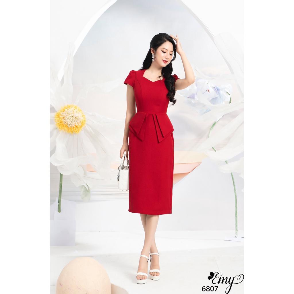 Đầm EMY EM6807 Body Peplum Đỏ Cổ Lục Giác