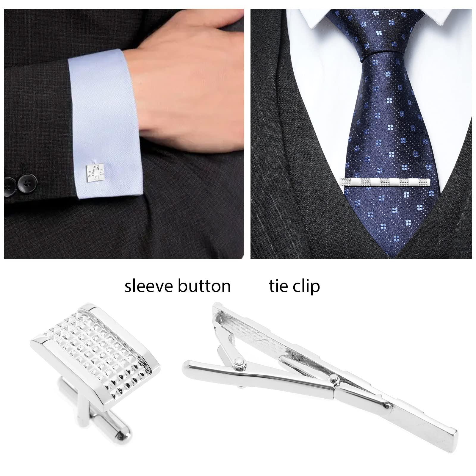 Tập hợp 3 kìm cà vạt và những chiếc cufflinks cho nam giới - cho tiệc cưới, cuộc họp kinh doanh, Ngày của Cha, Ngày Valentine - Bạc, Bạc.