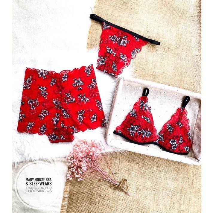 SET BRALETTE REN MÚT NGỰC HOA ĐỎ TƯƠI