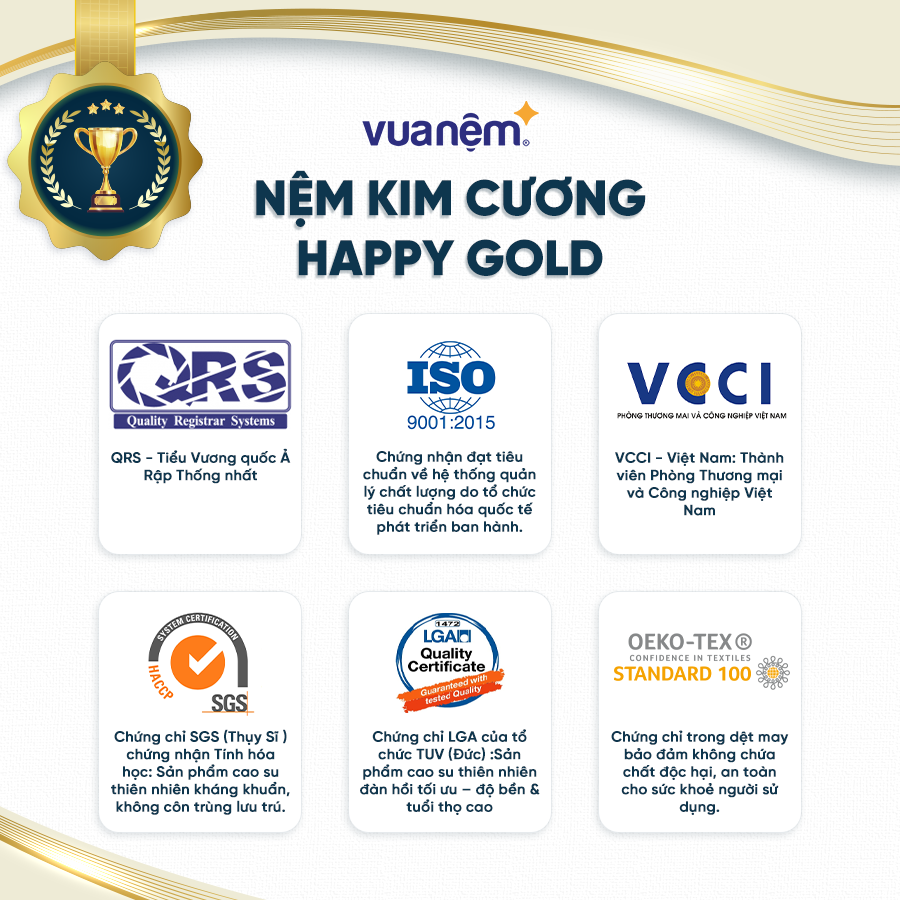 Nệm cao su Kim Cương Happy Gold 100% cao su thiên nhiên, đàn hồi cao, nâng đỡ cơ thể tối ưu, bảo vệ da khỏi dị ứng