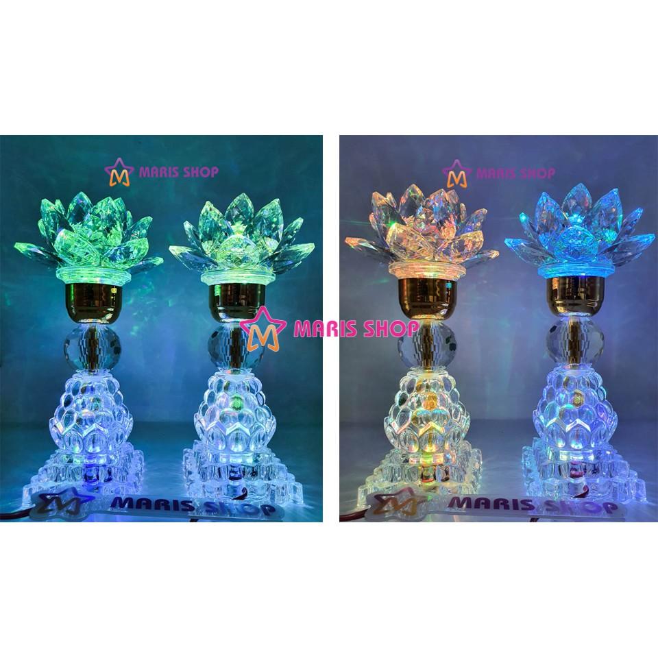 Đèn bàn thờ hoa sen pha lê cao cấp nguyên khối LED đổi màu tự động cao 25cm