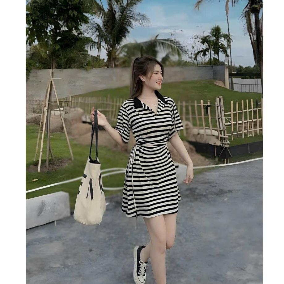 Đầm xoè xốp poly sọc cổ bẻ rút dây eo xinh xắn
