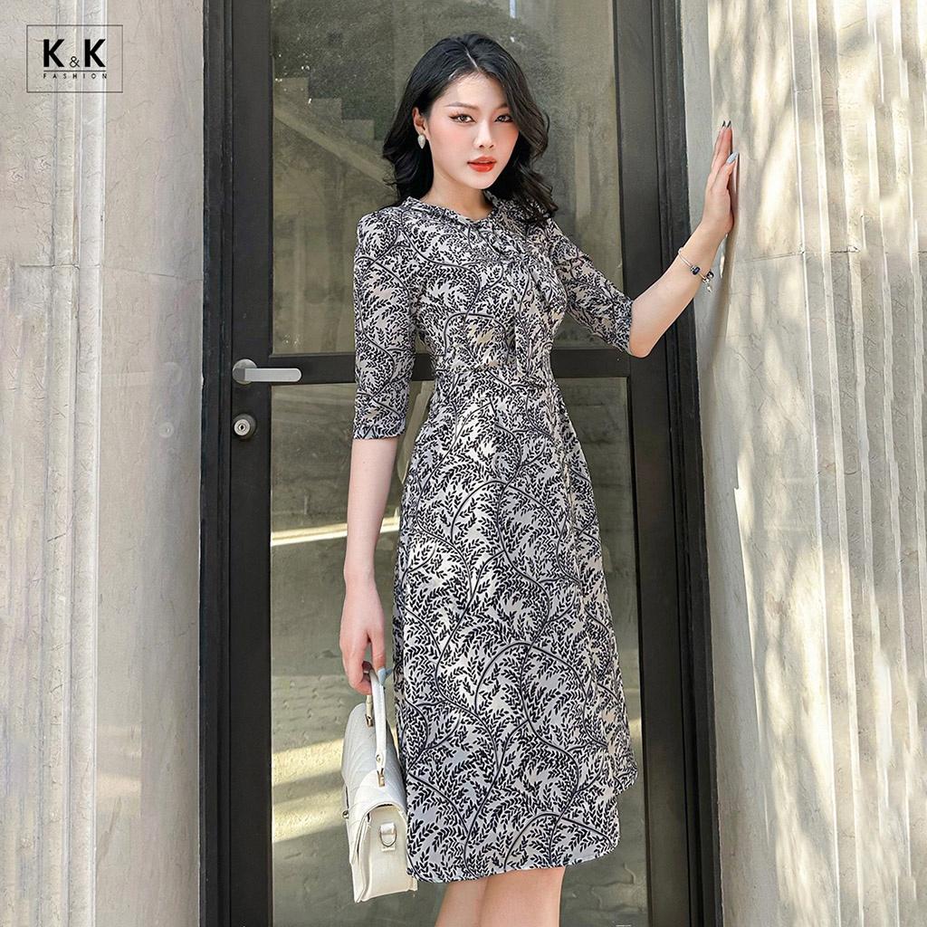 Đầm Xòe Công Sở Họa Tiết Tay Lửng K&amp;K Fashion KK119-18 Chất Liệu Lụa