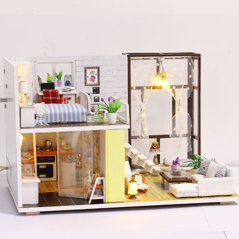 Mô hình nhà DIY Doll House Contracted City Kèm Đèn LED và Mica chống bụi