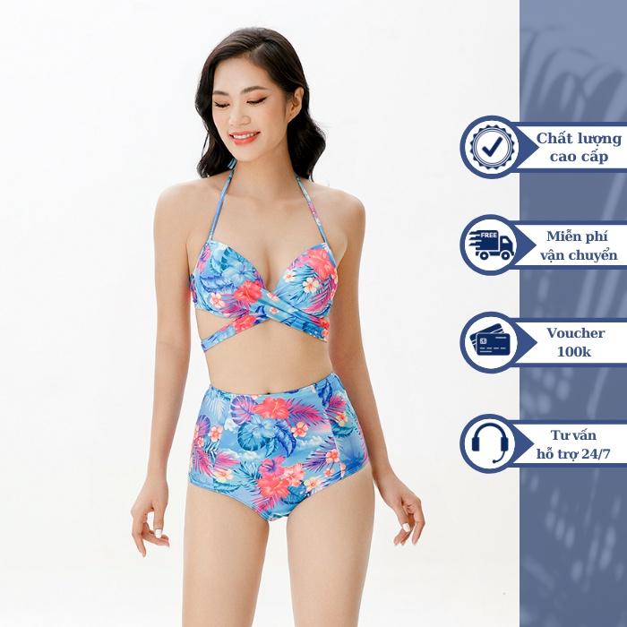 Đồ bơi nữ BIKINI PASSPORT dạng hai mảnh lưng cao, áo đan chéo - Xanh da trời - BS362_BU