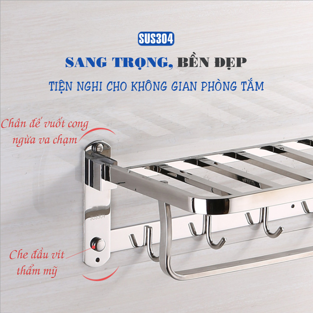 Kệ giá treo khăn phòng tắm inox 304 KAMA PT06 - Máng treo khăn, quần áo đa chức năng, có thể dựng lên khi không sử dụng, chân đế dày và nặng chắc chắn - HÀNG CHÍNH HÃNG.