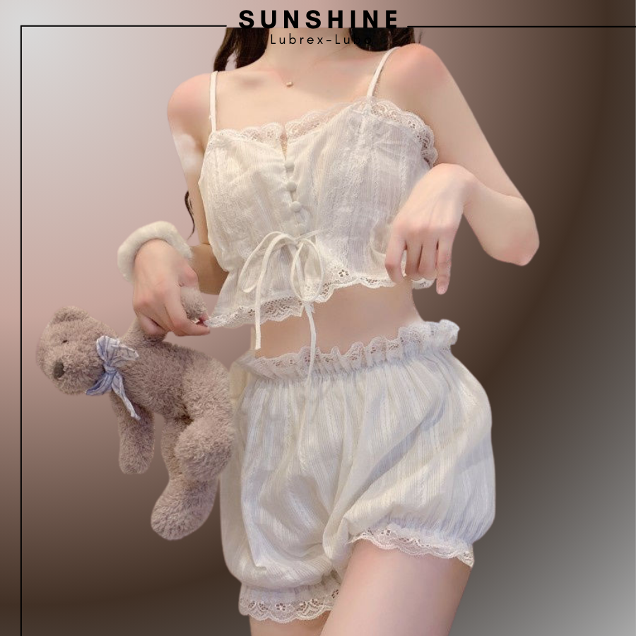 Bộ Đồ Ngủ- Mặc Nhà Quần Đùi Áo Croptop Hai Dây Ren Đũi Mỏng-SUNSHINE