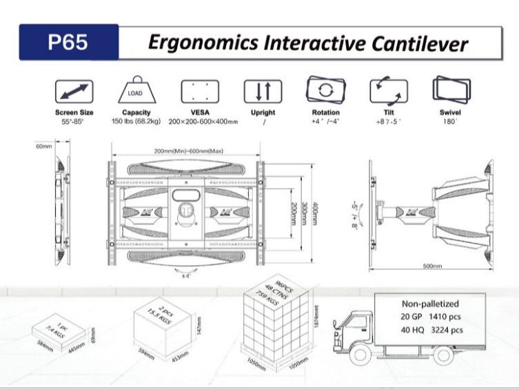 Khung Treo Tivi XOAY P65 Dành Cho Tivi 55 Inch - 85 Inch Tải Trọng 68.2kg - Hàng Nhập Khẩu - Thiết Kế Tay Đòn Kép Tăng Cường Độ Bền - Sơn Tĩnh Điện Bóng Bẩy -Hàng nhập khẩu