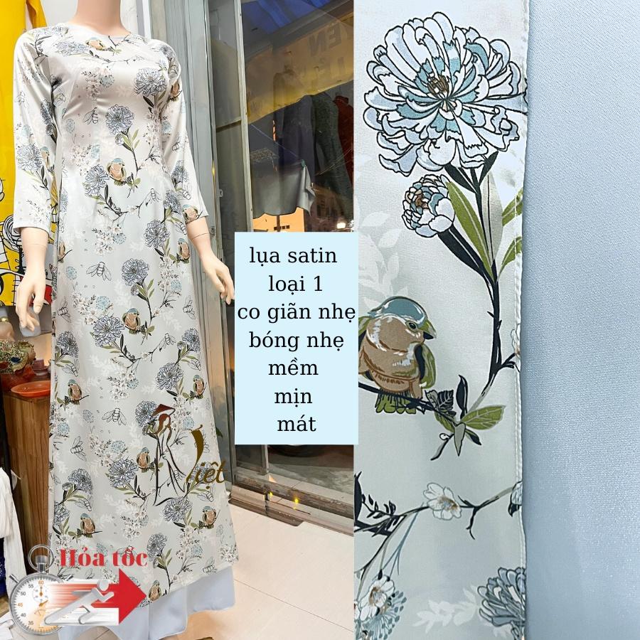 Áo dài hoa nhí màu xanh nhạt lụa satin cao cấp truyền thống may sẵn