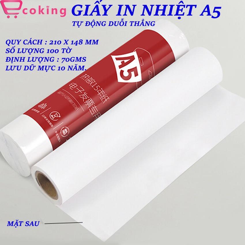 Giấy in nhiệt A5 ECOKING định lượng 70 gsm 210 x 148mm 1 cuộn 100 TỜ tờ tự động duỗi mềm mịn lưu mực 10 năm không phai